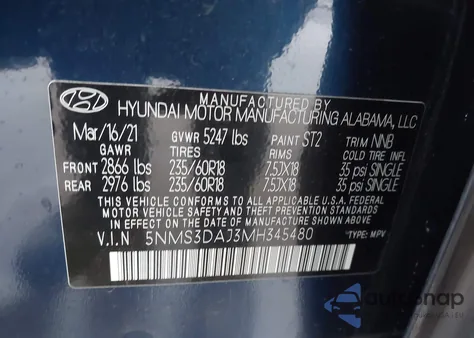 2021 Hyundai Santa Fe Sel из США, поврежденный, VIN 5NMS3DAJ3MH345480